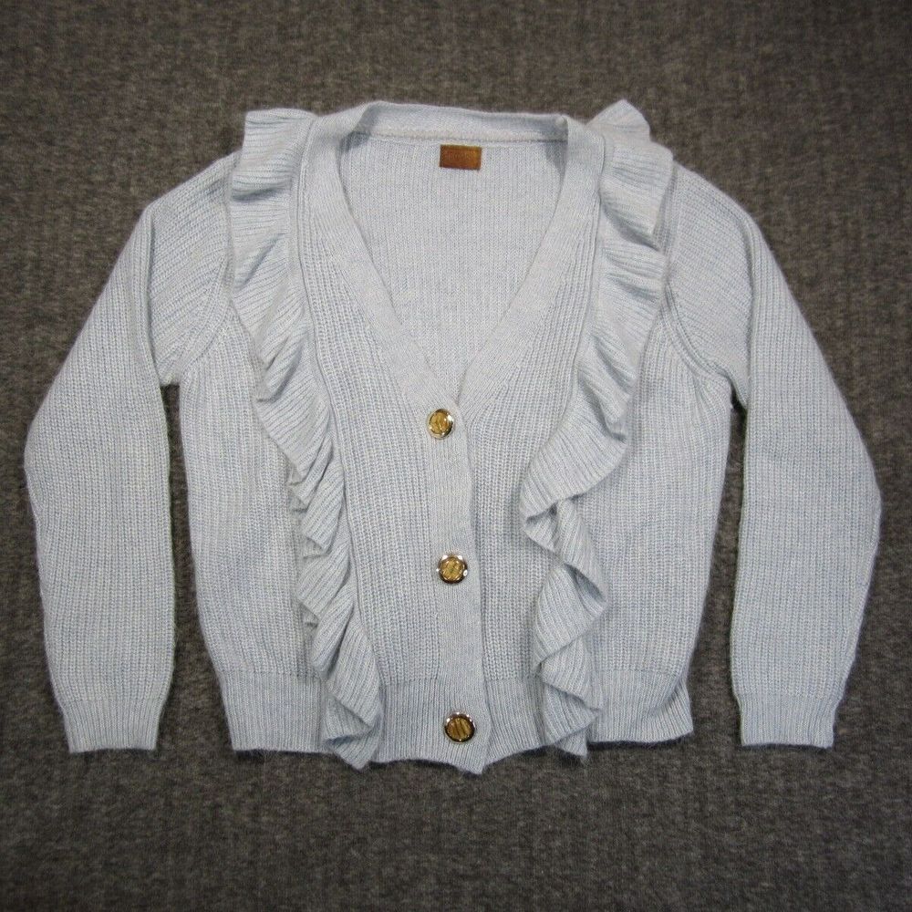 Pol Kelli Ruffle Cardigan Women L Blue Knit Rabbit Hair Wool Button Up‎ Sweater